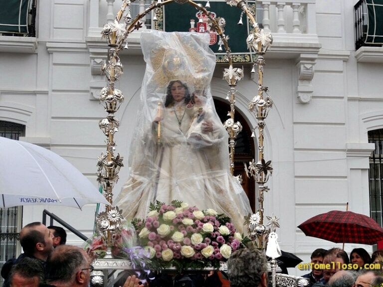 La Virgen de las Viñas, con lluvia y rodeada de romeros, llega a Tomelloso
