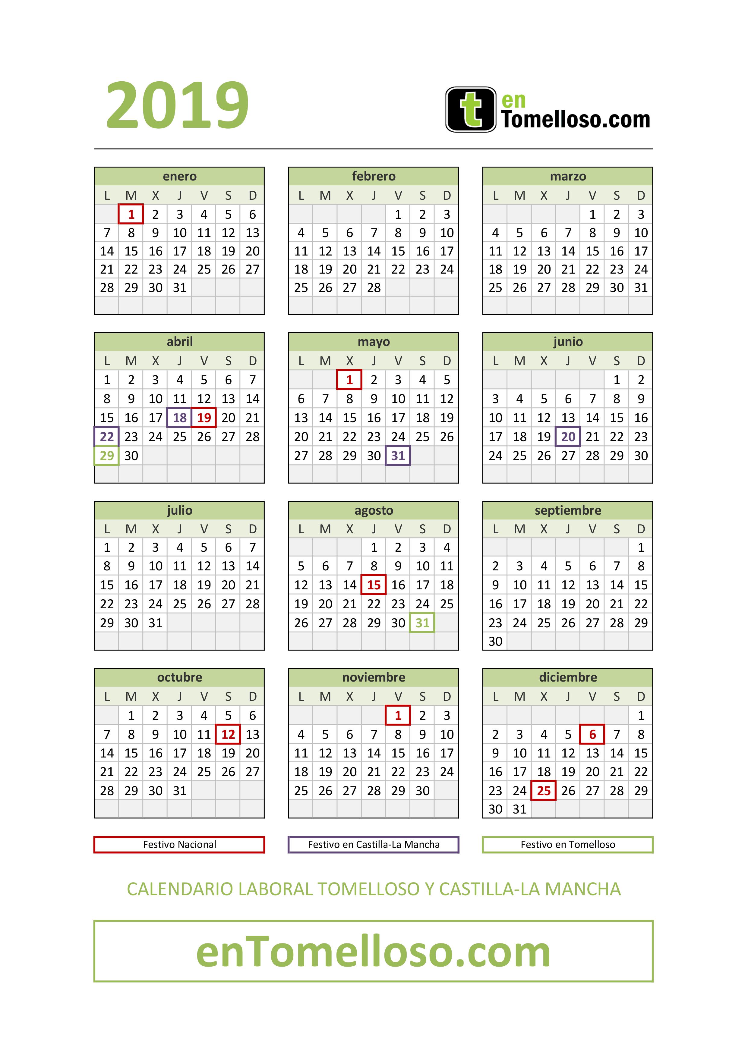 Calendario Laboral Tomelloso y Castilla-La Mancha 2019