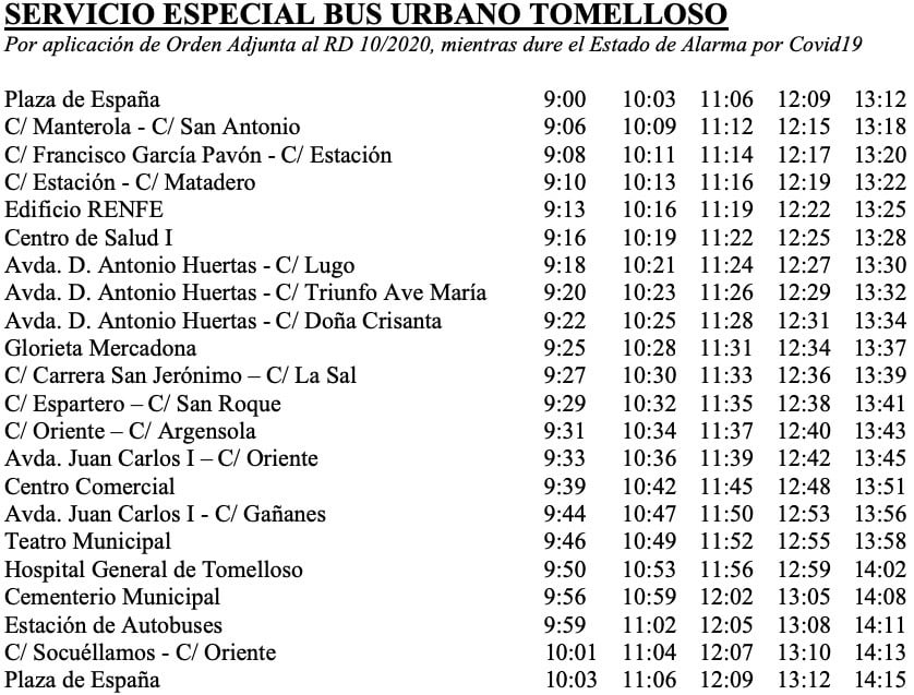 Nuevo horario del bus urbano en Tomelloso, que entra en funcionamiento hoy