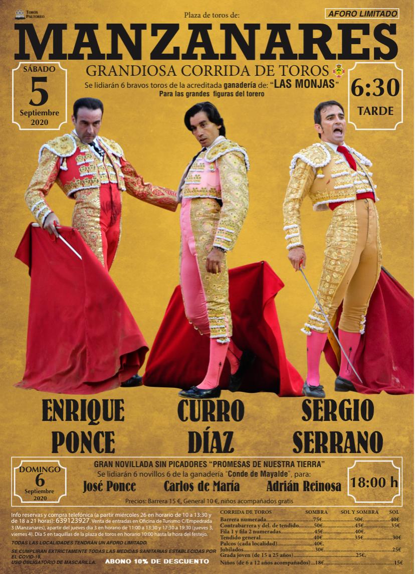 Enrique Ponce, Curro Díaz y Sergio Serrano torearán en Manzanares el 5 de septiembre