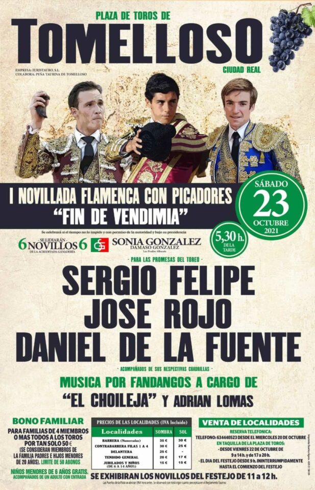 Sergio Felipe, José Rojo y Daniel de la Fuente, protagonistas de una novillada "flamenca" en Tomelloso