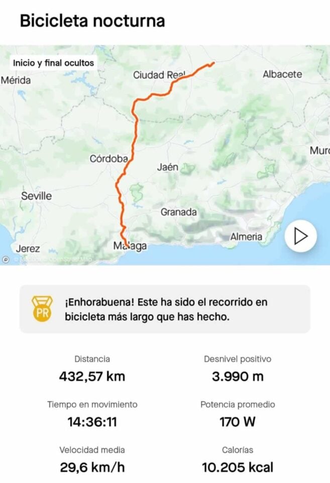 Julián Jiménez lo vuelve a hacer: Tomelloso - Málaga en bicicleta y del tirón