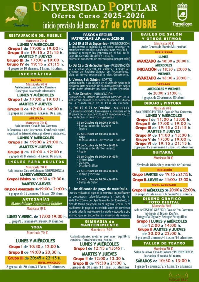 La Universidad Popular de Tomelloso abre inscripciones este viernes para sus 457 plazas