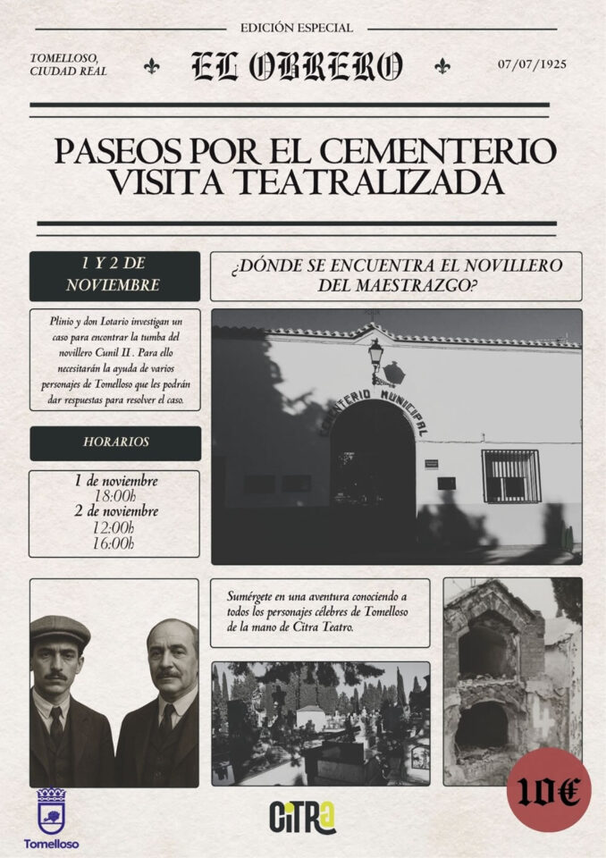 Paseos por el cementerio vuelve a Tomelloso con una visita teatralizada inspirada en Plinio y Don Lotario