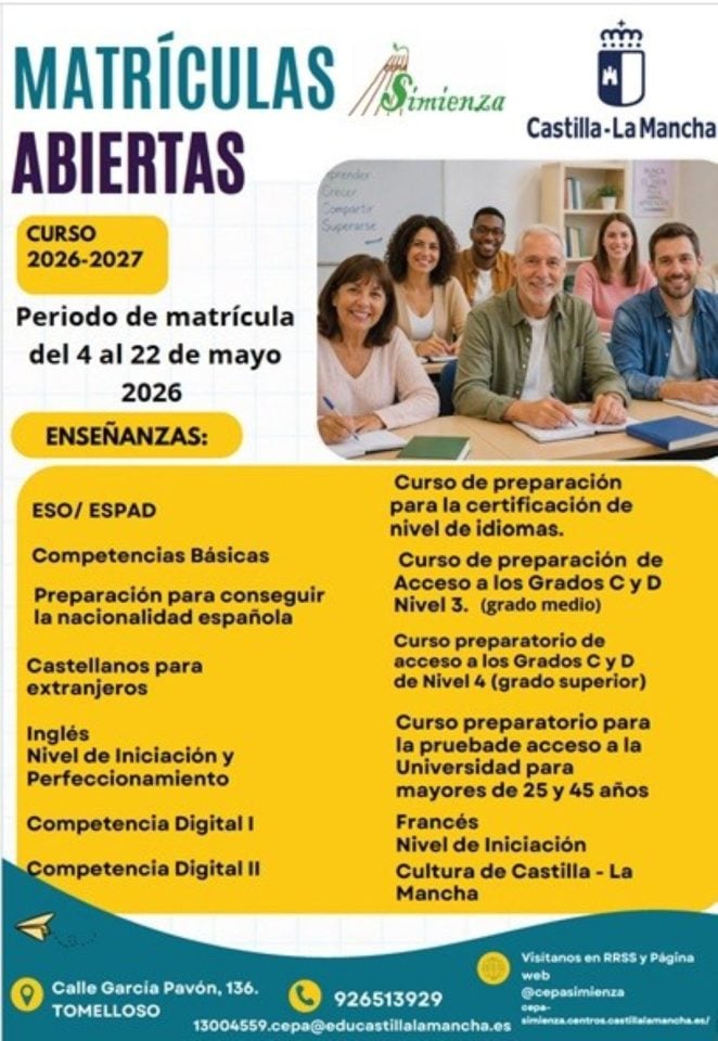 Abierto el plazo para estudiar en el CEPA Simienza de Tomelloso: este año, con nuevos cursos